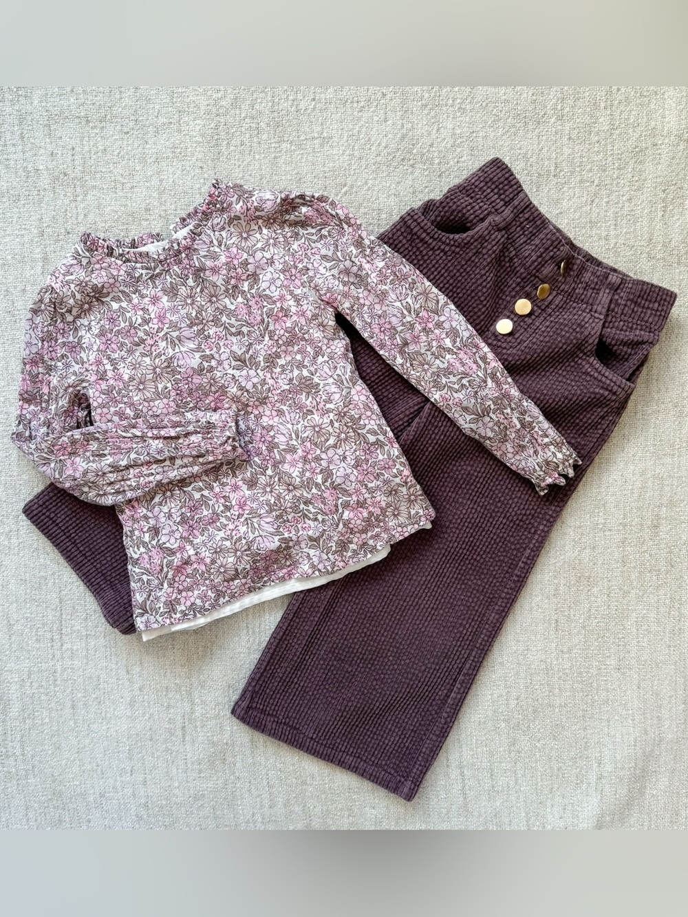Happily Grey 2 Pc Set Floral Long Sleeve Top Corduroy Wide Leg Pants Girl’s XS 4